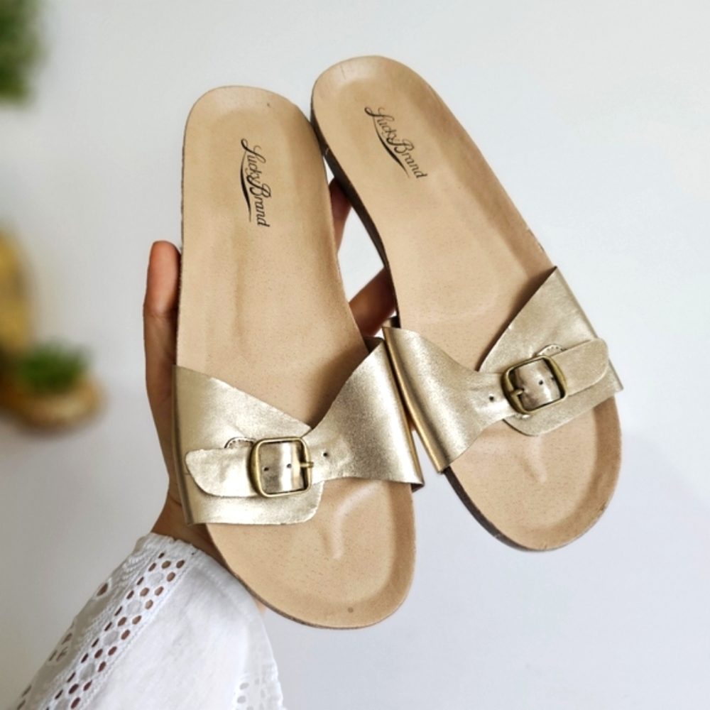 Lucky Brand Dollie Gold Strap Sandals Slides Flat Women Size US 7.5 M Adjustable
